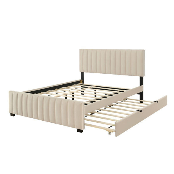 English Elm Queen Velvet Platform Bed with Channel Tufted Headboard and Pull Out Twin Xl Trundle Beige SF000369AAA