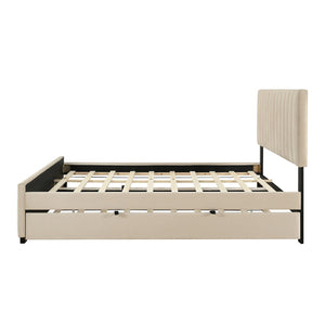 English Elm Queen Velvet Platform Bed with Channel Tufted Headboard and Pull Out Twin Xl Trundle Beige SF000369AAA