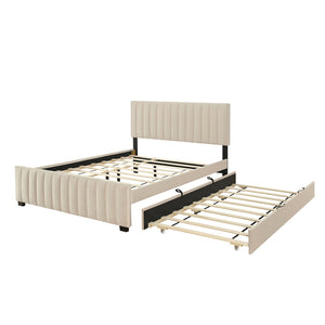 English Elm Queen Velvet Platform Bed with Channel Tufted Headboard and Pull Out Twin Xl Trundle Beige SF000369AAA