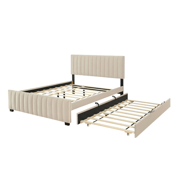English Elm Queen Velvet Platform Bed with Channel Tufted Headboard and Pull Out Twin Xl Trundle Beige SF000369AAA