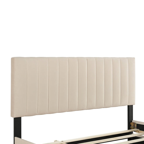 English Elm Queen Velvet Platform Bed with Channel Tufted Headboard and Pull Out Twin Xl Trundle Beige SF000369AAA