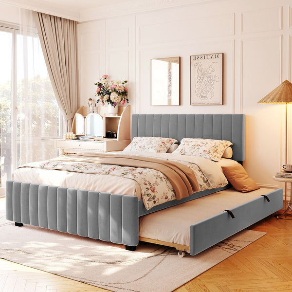 English Elm Queen Velvet Platform Bed with Channel Tufted Headboard and Pull Out Twin Xl Trundle Gray SF000369AAE