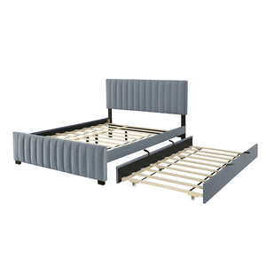 English Elm Queen Velvet Platform Bed with Channel Tufted Headboard and Pull Out Twin Xl Trundle Gray SF000369AAE