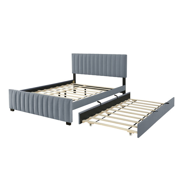 English Elm Queen Velvet Platform Bed with Channel Tufted Headboard and Pull Out Twin Xl Trundle Gray SF000369AAE