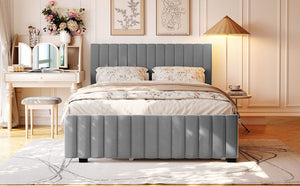 English Elm Queen Velvet Platform Bed with Channel Tufted Headboard and Pull Out Twin Xl Trundle Gray SF000369AAE
