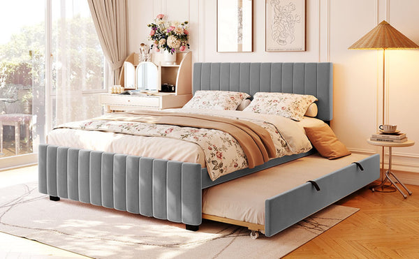 English Elm Queen Velvet Platform Bed with Channel Tufted Headboard and Pull Out Twin Xl Trundle Gray SF000369AAE