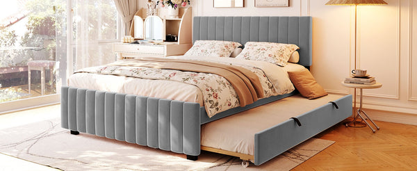 English Elm Queen Velvet Platform Bed with Channel Tufted Headboard and Pull Out Twin Xl Trundle Gray SF000369AAE