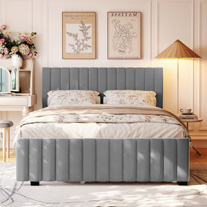 English Elm Queen Velvet Platform Bed with Channel Tufted Headboard and Pull Out Twin Xl Trundle Gray SF000369AAE