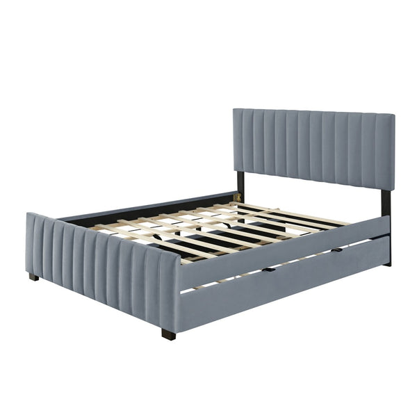 English Elm Queen Velvet Platform Bed with Channel Tufted Headboard and Pull Out Twin Xl Trundle Gray SF000369AAE