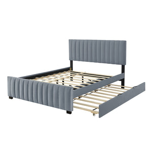 English Elm Queen Velvet Platform Bed with Channel Tufted Headboard and Pull Out Twin Xl Trundle Gray SF000369AAE