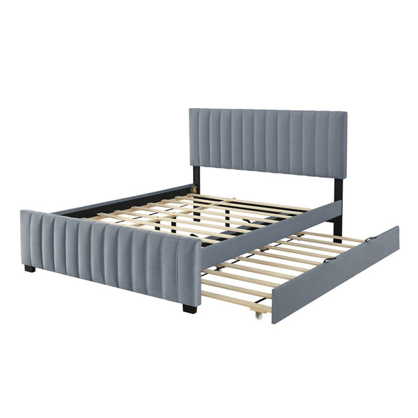 English Elm Queen Velvet Platform Bed with Channel Tufted Headboard and Pull Out Twin Xl Trundle Gray SF000369AAE