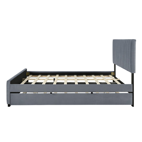 English Elm Queen Velvet Platform Bed with Channel Tufted Headboard and Pull Out Twin Xl Trundle Gray SF000369AAE