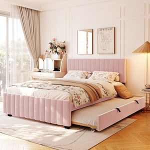 English Elm Queen Velvet Platform Bed with Channel Tufted Headboard and Pull Out Twin Xl Trundle Pink SF000369AAH