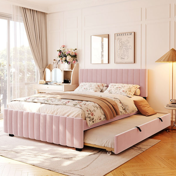 English Elm Queen Velvet Platform Bed with Channel Tufted Headboard and Pull Out Twin Xl Trundle Pink SF000369AAH