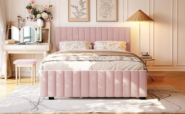 English Elm Queen Velvet Platform Bed with Channel Tufted Headboard and Pull Out Twin Xl Trundle Pink SF000369AAH