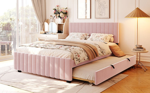 English Elm Queen Velvet Platform Bed with Channel Tufted Headboard and Pull Out Twin Xl Trundle Pink SF000369AAH