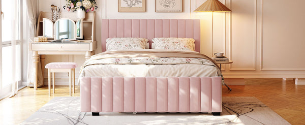 English Elm Queen Velvet Platform Bed with Channel Tufted Headboard and Pull Out Twin Xl Trundle Pink SF000369AAH