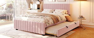 English Elm Queen Velvet Platform Bed with Channel Tufted Headboard and Pull Out Twin Xl Trundle Pink SF000369AAH