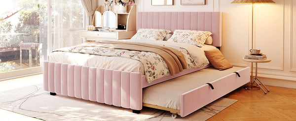 English Elm Queen Velvet Platform Bed with Channel Tufted Headboard and Pull Out Twin Xl Trundle Pink SF000369AAH