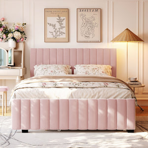 English Elm Queen Velvet Platform Bed with Channel Tufted Headboard and Pull Out Twin Xl Trundle Pink SF000369AAH