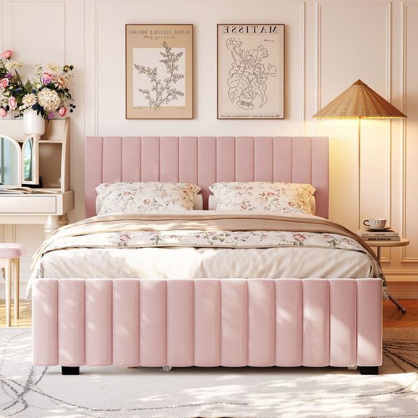 English Elm Queen Velvet Platform Bed with Channel Tufted Headboard and Pull Out Twin Xl Trundle Pink SF000369AAH