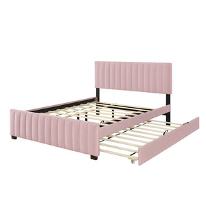 English Elm Queen Velvet Platform Bed with Channel Tufted Headboard and Pull Out Twin Xl Trundle Pink SF000369AAH