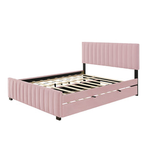 English Elm Queen Velvet Platform Bed with Channel Tufted Headboard and Pull Out Twin Xl Trundle Pink SF000369AAH