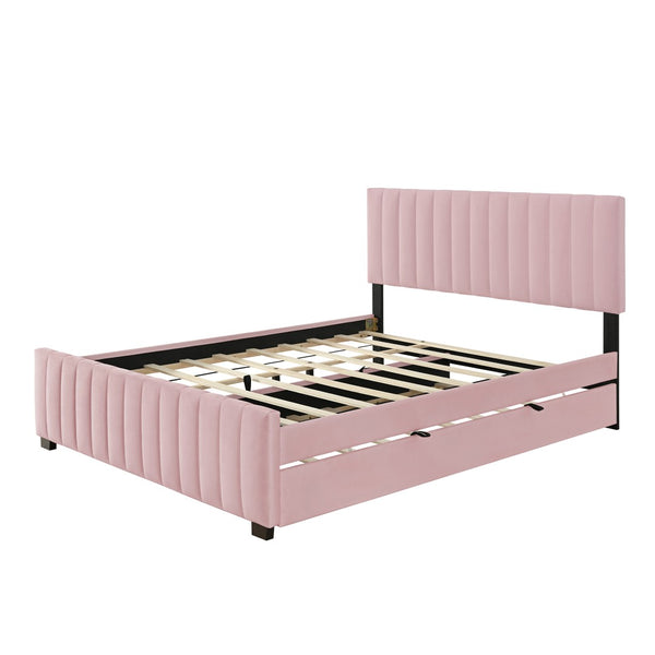 English Elm Queen Velvet Platform Bed with Channel Tufted Headboard and Pull Out Twin Xl Trundle Pink SF000369AAH