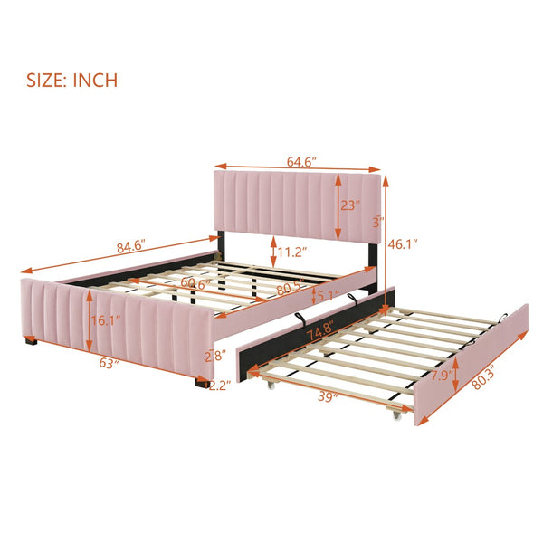 English Elm Queen Velvet Platform Bed with Channel Tufted Headboard and Pull Out Twin Xl Trundle Pink SF000369AAH