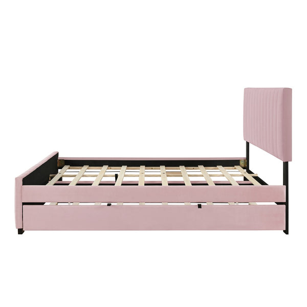 English Elm Queen Velvet Platform Bed with Channel Tufted Headboard and Pull Out Twin Xl Trundle Pink SF000369AAH