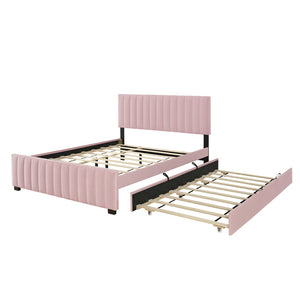 English Elm Queen Velvet Platform Bed with Channel Tufted Headboard and Pull Out Twin Xl Trundle Pink SF000369AAH