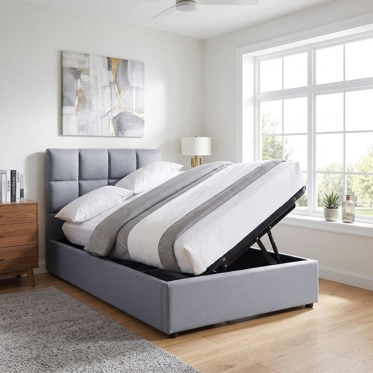 English Elm Twin Storage Bed with Hydraulic Lift Linen Frame and Square Padded Headboard Gray Linen SF000385AAE