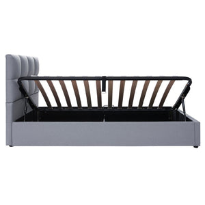 English Elm Twin Storage Bed with Hydraulic Lift Linen Frame and Square Padded Headboard Gray Linen SF000385AAE