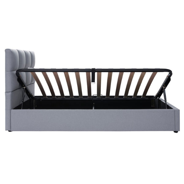 English Elm Twin Storage Bed with Hydraulic Lift Linen Frame and Square Padded Headboard Gray Linen SF000385AAE