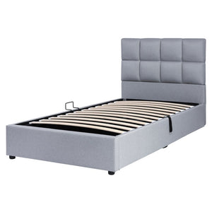 English Elm Twin Storage Bed with Hydraulic Lift Linen Frame and Square Padded Headboard Gray Linen SF000385AAE