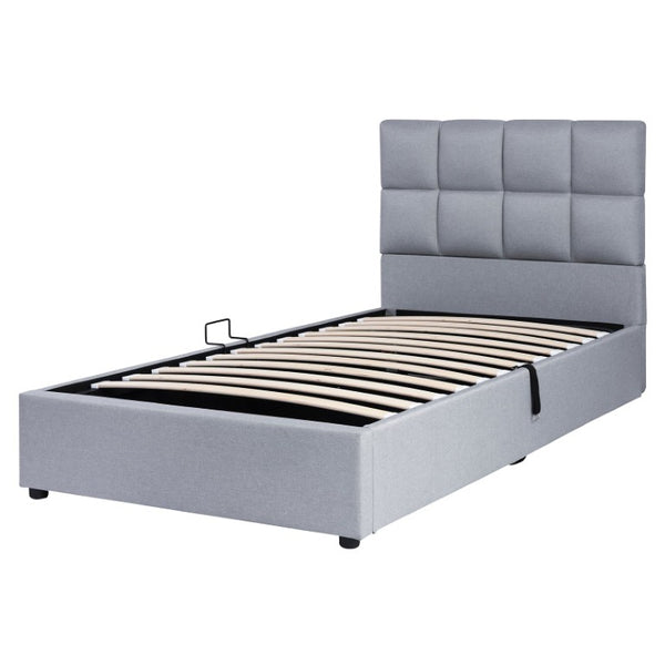 English Elm Twin Storage Bed with Hydraulic Lift Linen Frame and Square Padded Headboard Gray Linen SF000385AAE