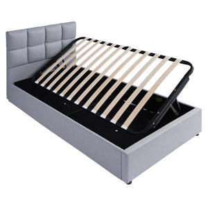 English Elm Twin Storage Bed with Hydraulic Lift Linen Frame and Square Padded Headboard Gray Linen SF000385AAE