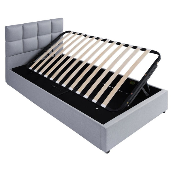 English Elm Twin Storage Bed with Hydraulic Lift Linen Frame and Square Padded Headboard Gray Linen SF000385AAE
