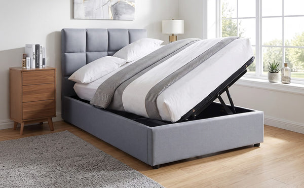 English Elm Twin Storage Bed with Hydraulic Lift Linen Frame and Square Padded Headboard Gray Linen SF000385AAE