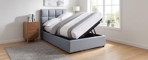 English Elm Twin Storage Bed with Hydraulic Lift Linen Frame and Square Padded Headboard Gray Linen SF000385AAE