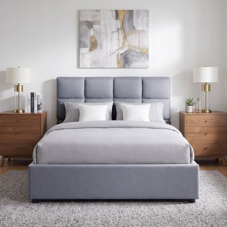 English Elm Twin Storage Bed with Hydraulic Lift Linen Frame and Square Padded Headboard Gray Linen SF000385AAE