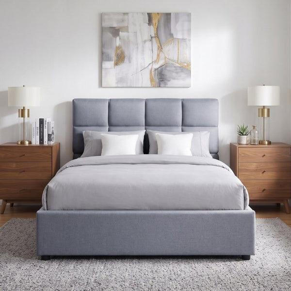 English Elm Twin Storage Bed with Hydraulic Lift Linen Frame and Square Padded Headboard Gray Linen SF000385AAE