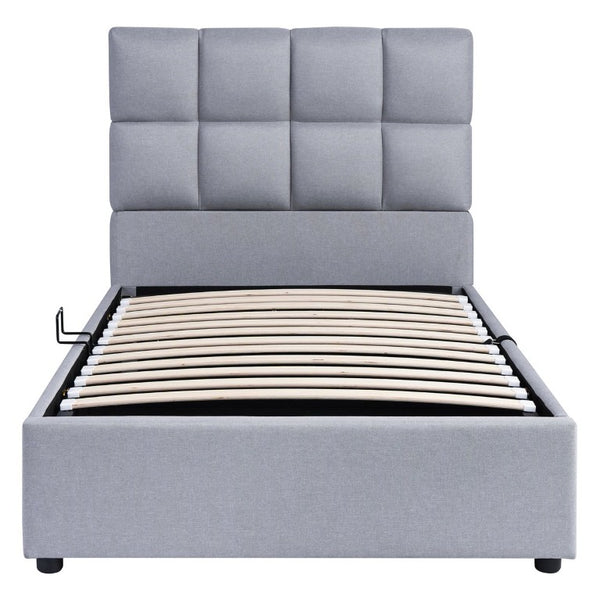 English Elm Twin Storage Bed with Hydraulic Lift Linen Frame and Square Padded Headboard Gray Linen SF000385AAE