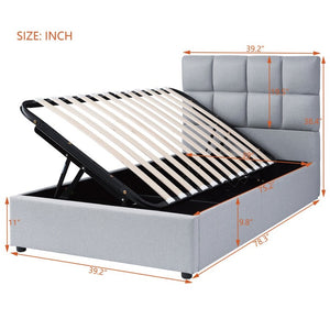 English Elm Twin Storage Bed with Hydraulic Lift Linen Frame and Square Padded Headboard Gray Linen SF000385AAE