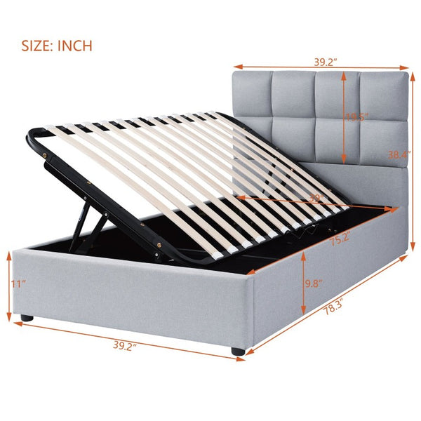 English Elm Twin Storage Bed with Hydraulic Lift Linen Frame and Square Padded Headboard Gray Linen SF000385AAE
