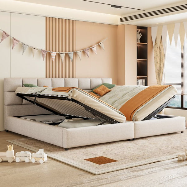 English Elm Twin Storage Bed with Hydraulic Lift Linen Frame and Square Padded Headboard Beige Upholstered SF000485AAA