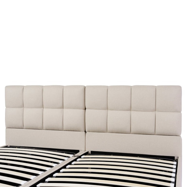 English Elm Twin Storage Bed with Hydraulic Lift Linen Frame and Square Padded Headboard Beige Upholstered SF000485AAA