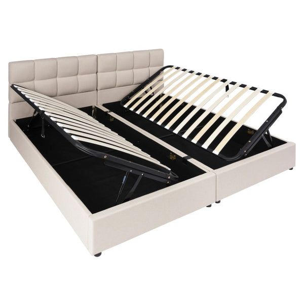 English Elm Twin Storage Bed with Hydraulic Lift Linen Frame and Square Padded Headboard Beige Upholstered SF000485AAA