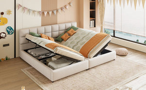 English Elm Twin Storage Bed with Hydraulic Lift Linen Frame and Square Padded Headboard Beige Upholstered SF000485AAA