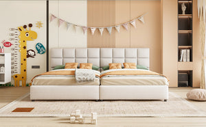 English Elm Twin Storage Bed with Hydraulic Lift Linen Frame and Square Padded Headboard Beige Upholstered SF000485AAA